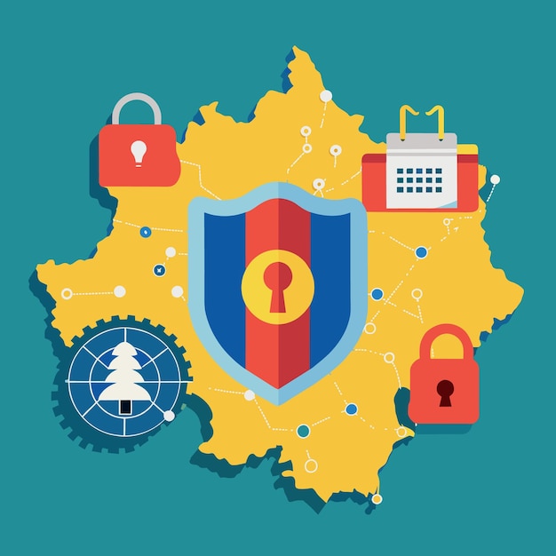 Map of Romania illustration with lock and binary code background