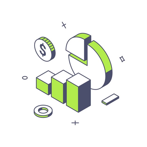 Marketing strategy analyzing circle chart diagram cash money coin dollar 3d icon isometric vector illustration SEO management global trading statistic analytics process data optimization graphic
