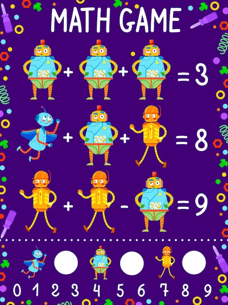 Math game worksheet cartoon robots and droids