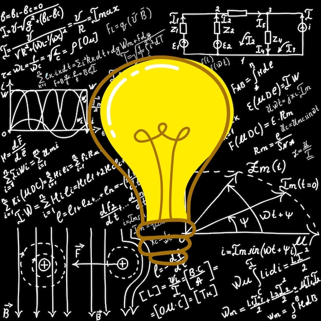 Mathematical equations and formulas around the light bulb on gray background vector Science