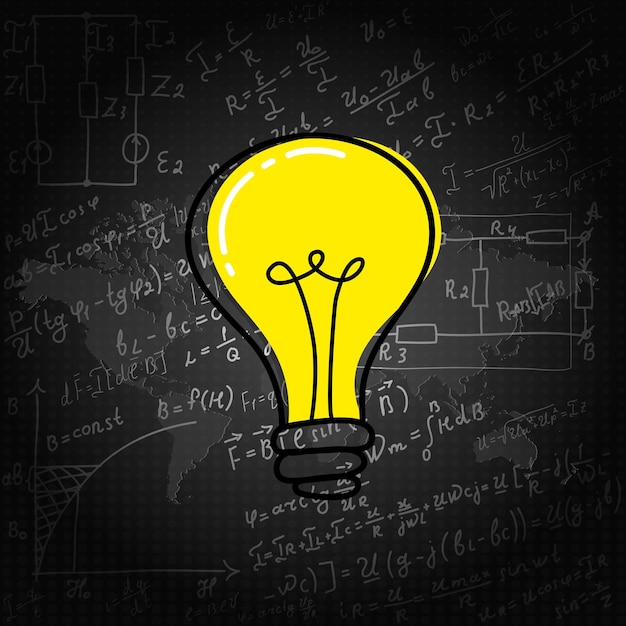 Mathematical equations and formulas around the light bulb on white background vector Science