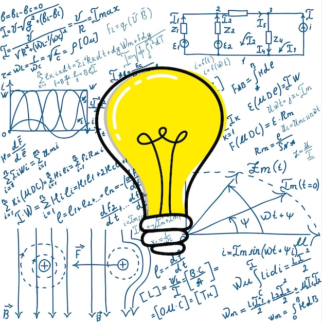 Mathematical equations and formulas around the light bulb on white background vector Science