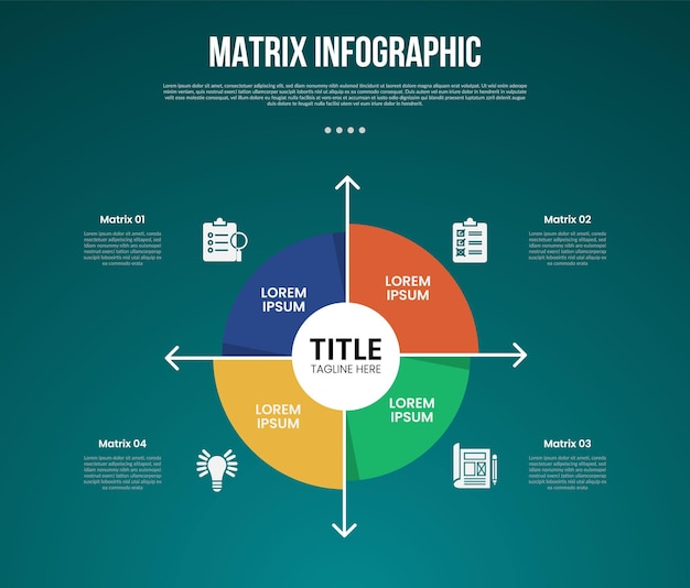 matrix structure dimensions template infographic with big circle arrow line separator with shadow with 4x4 dimension with dark style for slide presentation