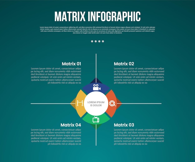matrix structure dimensions template infographic with big circle center with line divider with symmetric base with 4x4 dimension with dark style for slide presentation