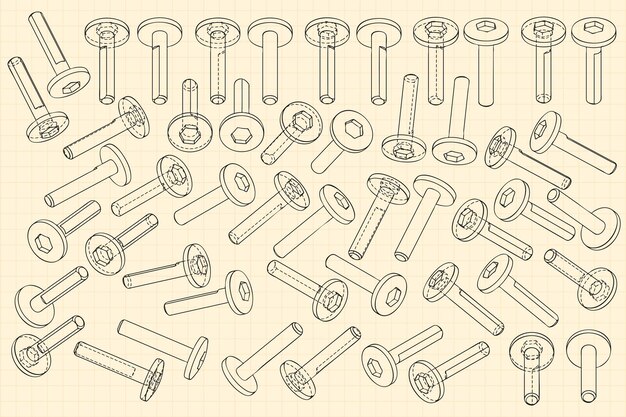 Mechanical engineering drawings on sepia background Cutter assembly tool with replaceable multifaceted plate Technical Design Cover Blueprint Vector illustration