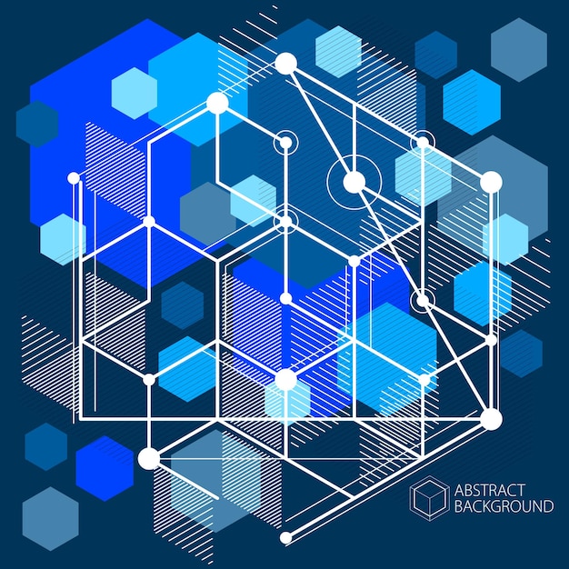 mechanical scheme, dark blue vector engineering drawing with 3d cubes and geometric elements. engineering technological wallpaper made with honeycombs.
