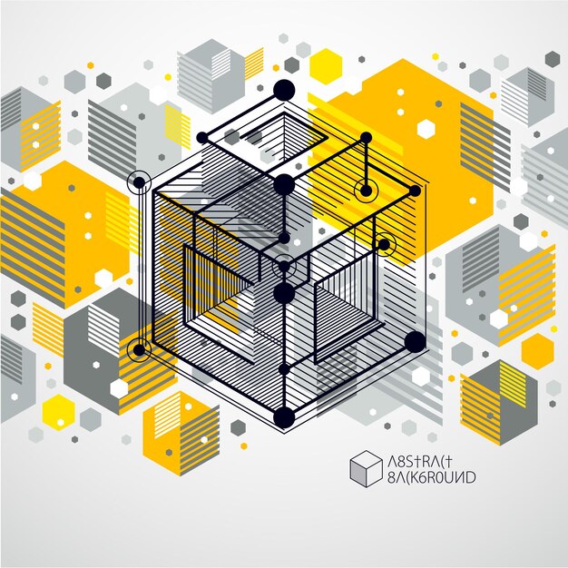 mechanical scheme, yellow vector engineering drawing with 3d cubes and geometric elements. engineering technological wallpaper made with honeycombs.