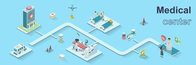 Medical center concept 3d isometric web banner People receive online consultation patients lying