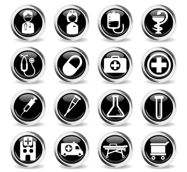 Medical icons on round black buttons with metal ring
