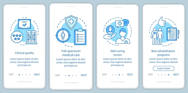Medical service benefits onboarding mobile app page screen vector template. Quality health care, rehabilitation. Walkthrough website steps with illustrations. UX, UI, GUI smartphone interface concept