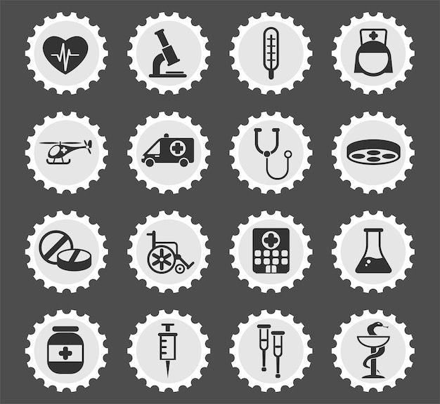 Medicine symbols on a round postage stamp stylized icons