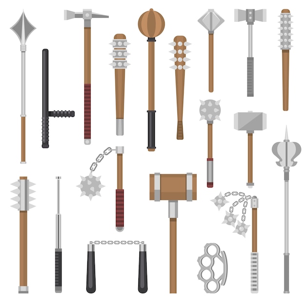 Medieval weapons ancient protection warrior and antique metal hammer illustration weaponry set of flail-weapon and armour mace equipment nunchaku knuckles isolated on white background