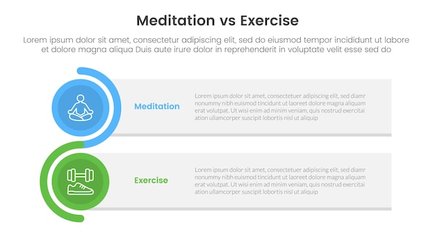 meditation vs physical exercise comparison or versus concept for infographic template banner with rectangle box stack and circle wave with two point list information