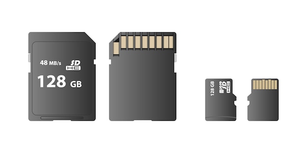 Memory card, SD card and micro SD card isolated, front and back view