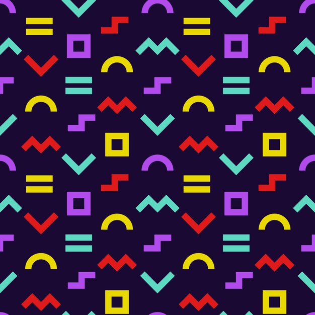 Memphis style seamless pattern. Geometric shapes background with dark backdrop. Wrapping paper texture.