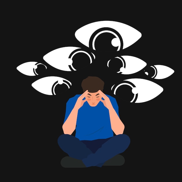 mental health man sitting stressed out eyes looking in flat illustration