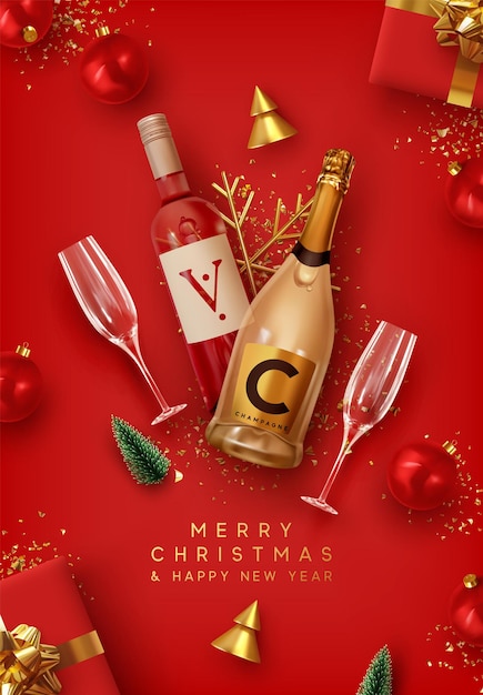 Merry Christmas and Happy New Year. Red Xmas Background design realistic bottle of champagne and wine, festive decorative objects gift box, balls, Christmas tree and pine tree, golden confetti