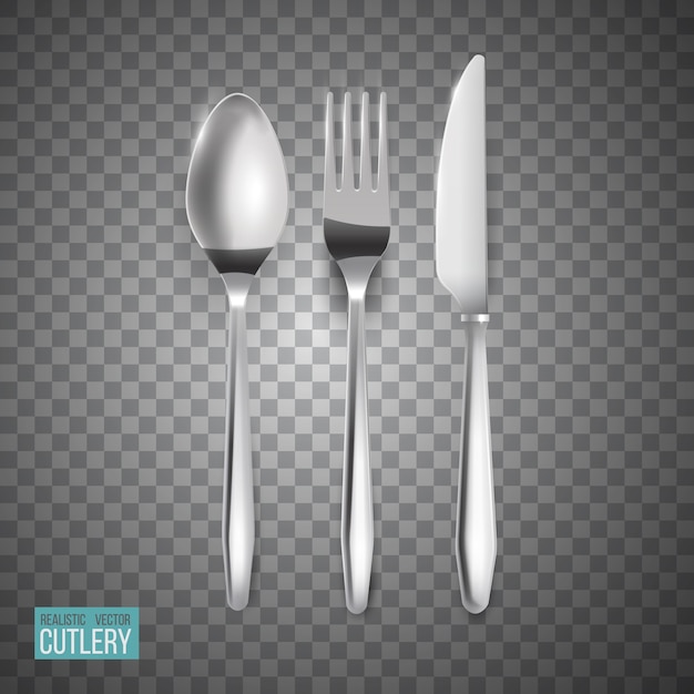 Metal cutlery realistic set consisting of fork knives, spoons isolated on abstract checkered surface