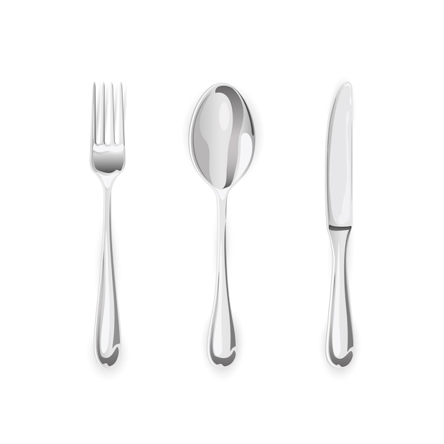 Metal fork with spoon and knife isolated on white background illustration