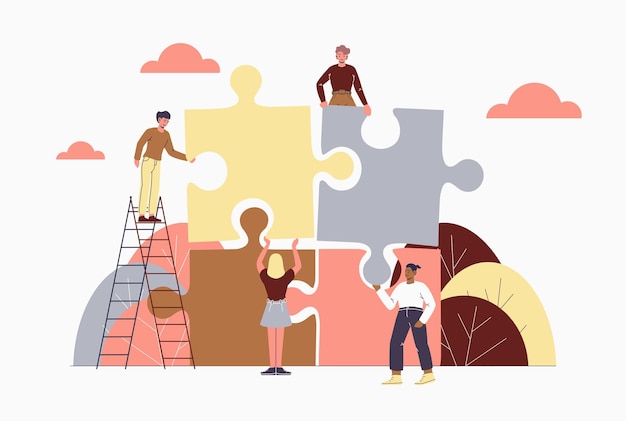 metaphor for business team collaboration people connect the elements of the puzzle teamwork collaboration partnership vector flat modern illustration
