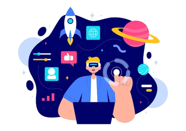 Metaverse Digital Virtual Reality Vector Illustration of a Person Wearing VR Glasses Exploring Future Innovation and Communication in a Background