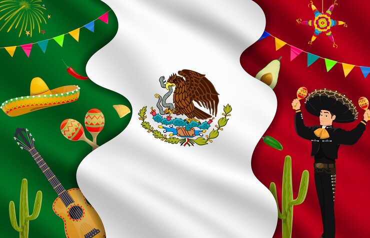 Vektor mexican flag paper cut banner with national characters tex mex food and musical instruments vector background mexican holiday and fiesta party banner with man in sombrero with guitar and maracas