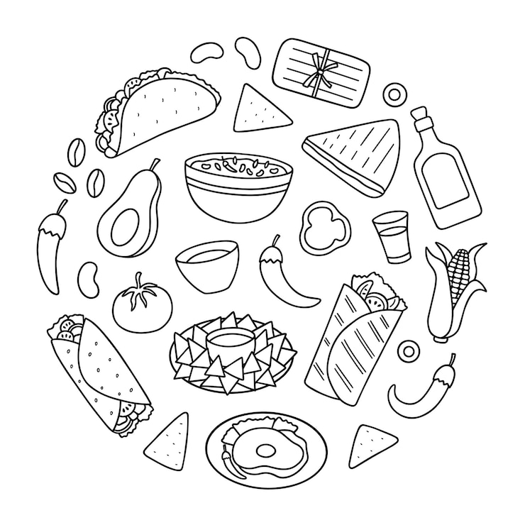 Vektor mexican food doodle set mexican cuisine burrito taco nachos in sketch style