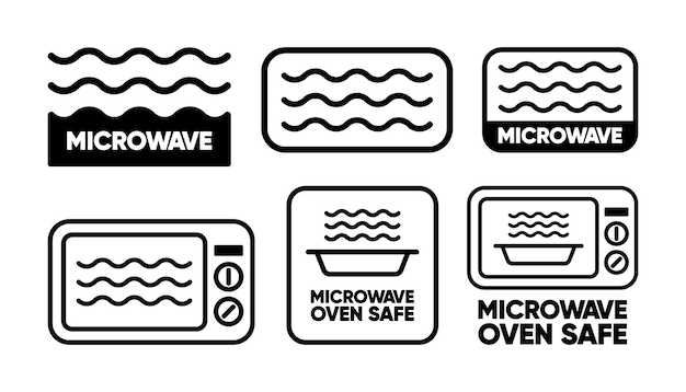 microwaves flat linear icons labels for the safety of using cookware in a microwave oven safe microwave cooking vector illustration