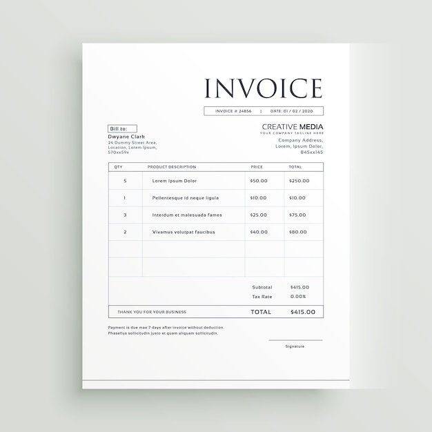 minimal clean invoice form template design vector