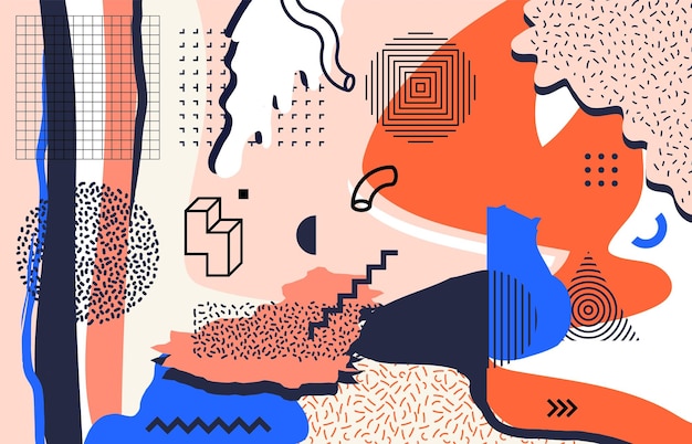 Minimal geometric background Abstract modern collage creative memphis banner Colorful shapes and chaotic spots Concentric circles grid and dotted elements Vector decorative print
