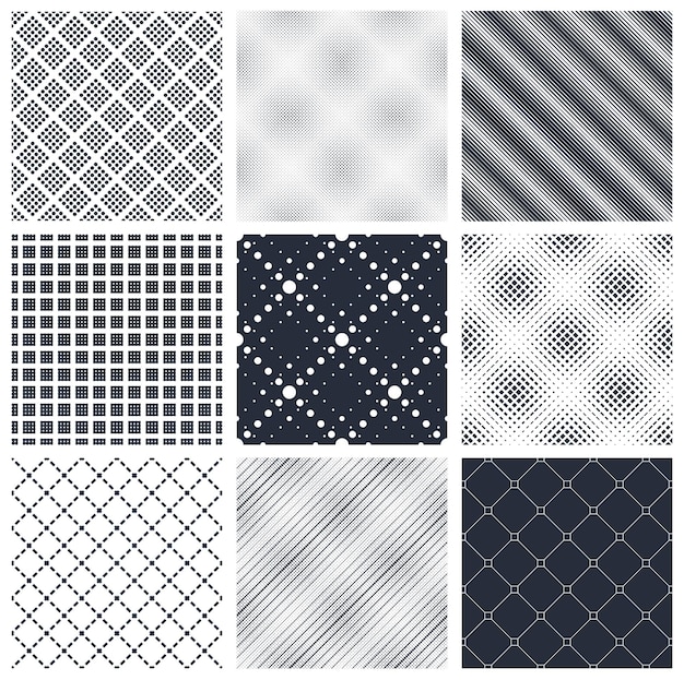 minimal simple geometric seamless patterns set, vector abstract backgrounds with lines and dots, wallpapers for web design and print. black and white swatches.