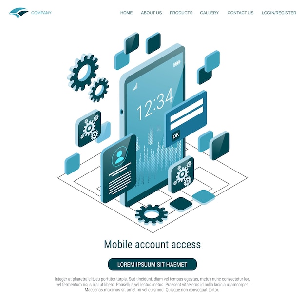 Mobile account access data protection information security flat 3d isometric vector concept