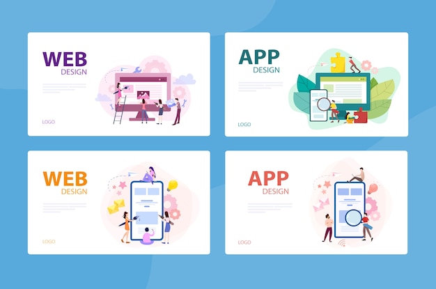 mobile app and web development banner concept set. programming app for digital device. creating interface for user. illustration in style