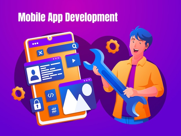 mobile app development concept with a Software Developer carrying a wrench