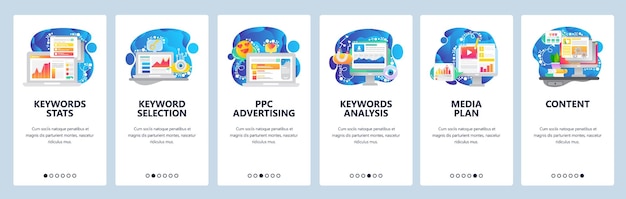 Mobile app onboarding screen digital marketing keywords statistics online advertising media data