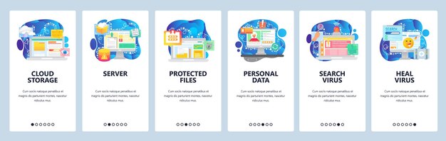 Mobile app onboarding screens computer technology cloud storage personal data pricavy and security v...