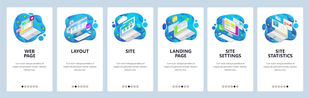Mobile app onboarding screens Landing page and wireframe layout statistics chart isometric laptop Menu vector banner template for website and mobile development Web site design flat illustration