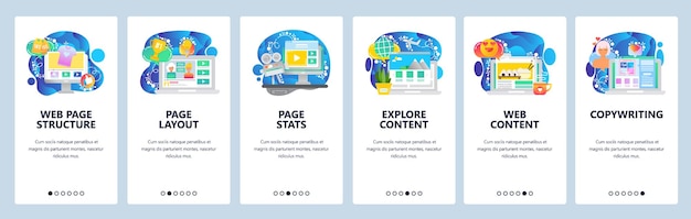 Mobile app onboarding screens Media marketing online chat content and copywriting Menu vector banner template for website and mobile development Web site design flat illustration