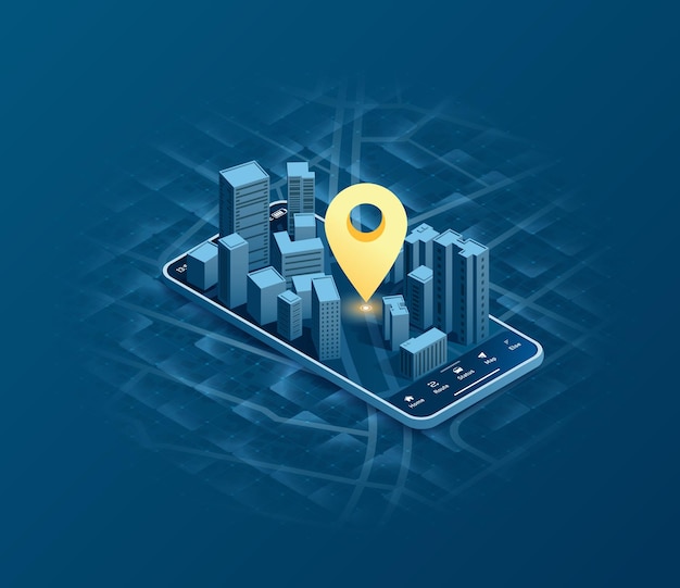 Mobile gps navigation smart car location and map pointer isometric city map featuring directional