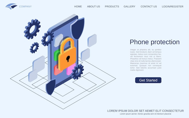 Mobile phone protection computer security access control flat 3d isometric style vector concept