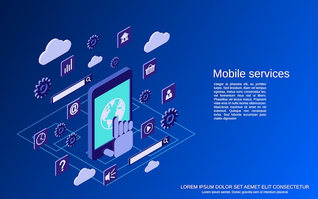 Mobile phone services flat isometric vector concept illustration