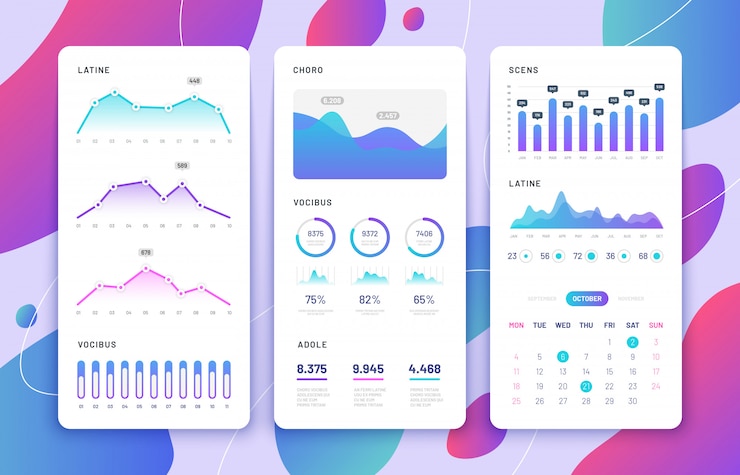 Vektor mobile phone ui. control panel with statistics charts, diagrams calendar. market annual graphs. phone app templates