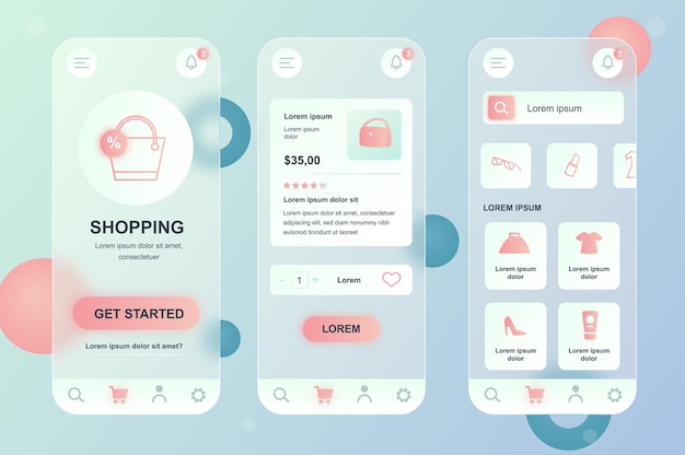 mobile shopping glassmorphic design neumorphic elements kit for mobile app ui ux gui screens set