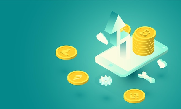 mobile social media bitcoin monitoring concept in isometric background vector design
