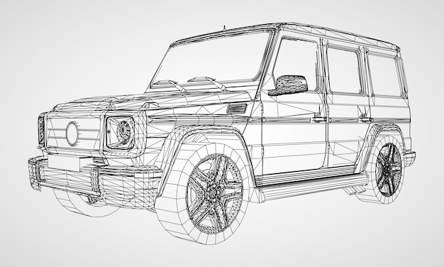 model of premium frame suv with a classic design. vector illustration of a black polygon triangular grid on a gray background.