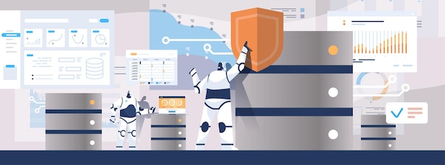 moder robotic admins working with dataserver sql structured query language artificial intelligence concept horizontal full length vector illustration