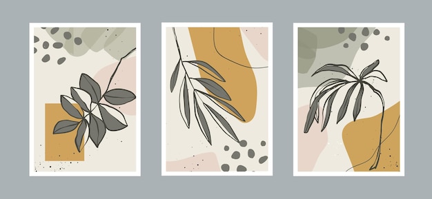 Modern abstract leaves line art background with different shapes for wall decoration, postcard.