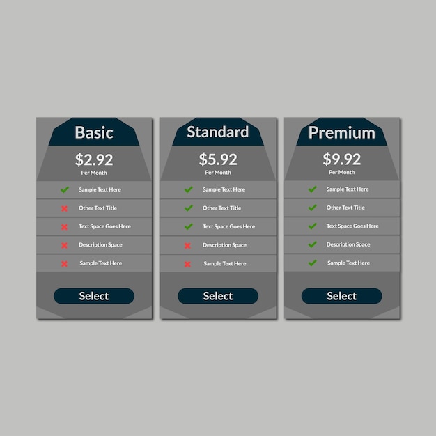 Modern comparison and pricing table template design