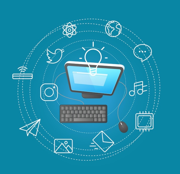 Modern computer on a table. Vector illustration with thin icons
