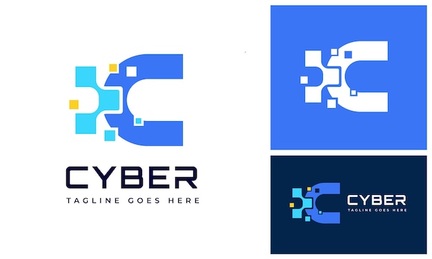Modern initial letter C pixel data for digital technology futuristic connection logo design